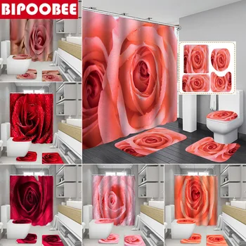 Набор Для ванной комнаты Pink Rose Valentine Home Decor Водонепроницаемые Занавески для душа из полиэстера с крючками, коврики для ванной, Нескользящий ковер на подставке